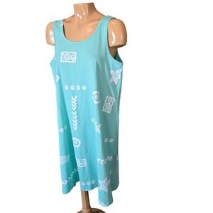 BaBa Hawaii Womens Tank Dress Turquoise Medium All Cotton Tribal Sea Life Print